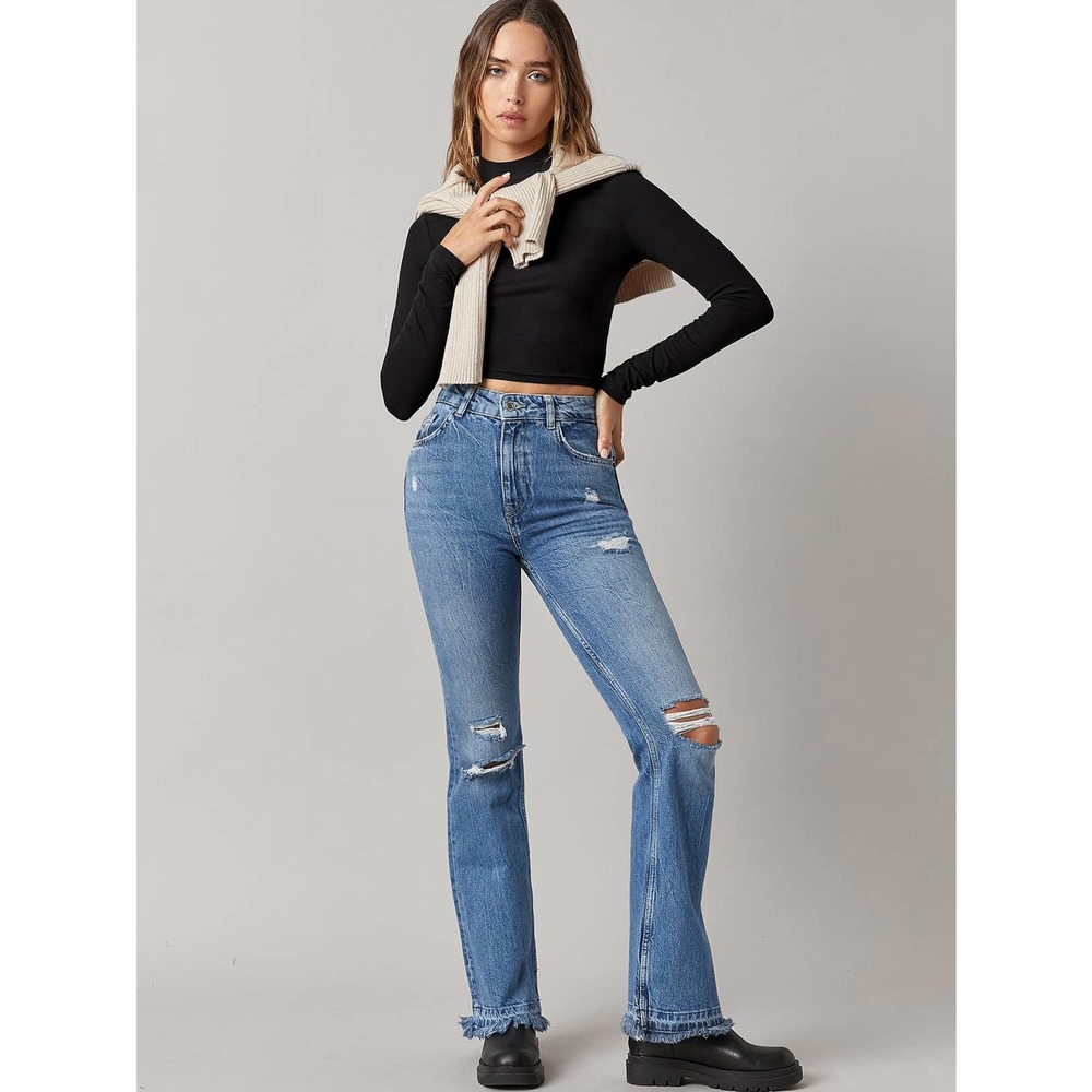 Long sleeve Mock Neck Solid Crop Tee shirt black - Picture 3 of 11